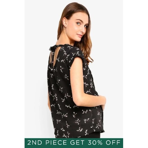 Clarisa Back Bow Black Sprigs Short Sleeve