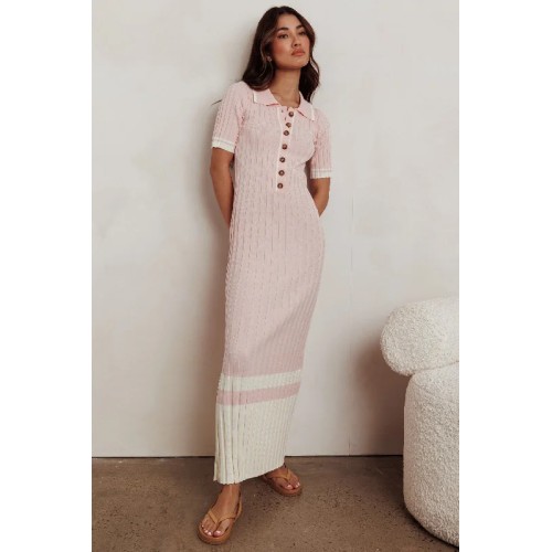 Cayla Button-Up Ribbed Knit Dress Pink
