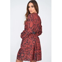 Wine Snake Print Plunge Flute Sleeve Shift Dress - Olesya